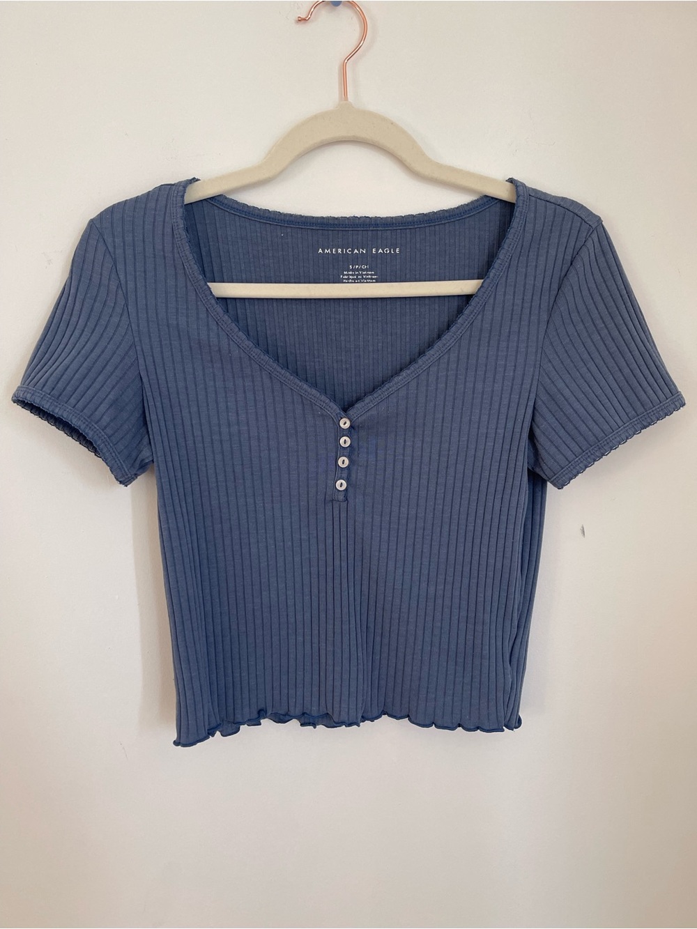 American Eagle Outfitters Dusty Blue Ribbed Henley Top